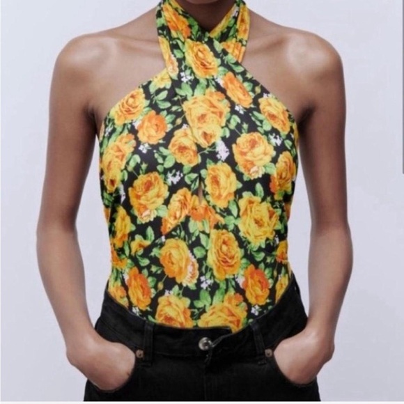 Zara Black and Yellow Rose Cross Halter Neck Bodysuit Small - Picture 1 of 13